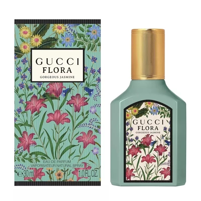 "Gucci Flora Gorgeous Jasmine: A radiant, intense, floral jasmine." "Gucci Flora Gorgeous Jasmine: A radiant, intense, floral jasmine."