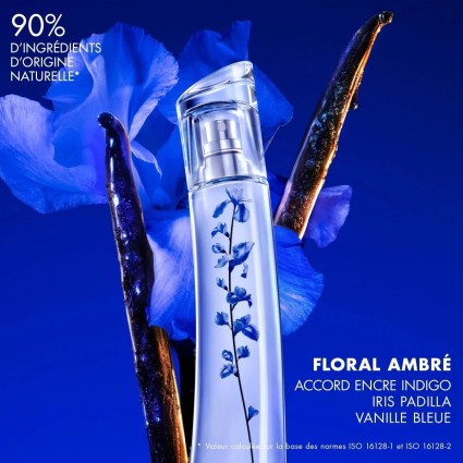 "Kenzo Flower Ikebana Indigo: A floral, iris, woody, indigo ink."