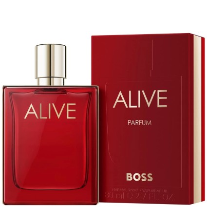 "Hugo Boss Alive Parfum: A bold, woody, floral, empowering scent."