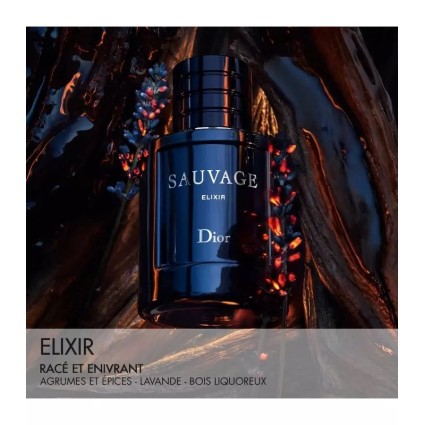 "Dior Sauvage Elixir: An intense, spicy, woody, amber, rich."