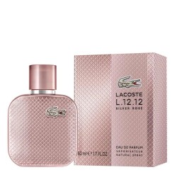 "Lacoste L.12.12 Silver Rose: A radiant floral woody perfume for women. Experience the confident femininity of rose, pear, and g