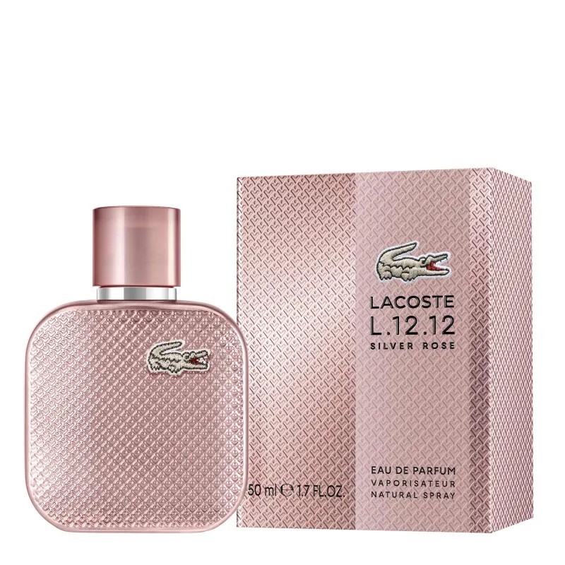 "Lacoste L.12.12 Silver Rose: A radiant floral woody perfume for women. Experience the confident femininity of rose, pear, and g "Lacoste L.12.12 Silver Rose: A radiant floral woody perfume for women. Experience the confident femininity of rose, pear, and g
