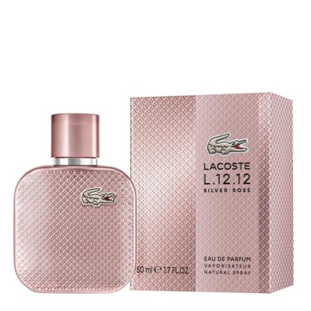 "Lacoste L.12.12 Silver Rose: A radiant floral woody perfume for women. Experience the confident femininity of rose, pear, and g