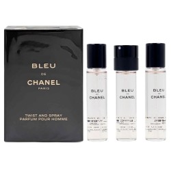 "A convenient and sustainable refill for your BLEU DE CHANEL travel spray. The intensely woody and aromatic scent for the modern